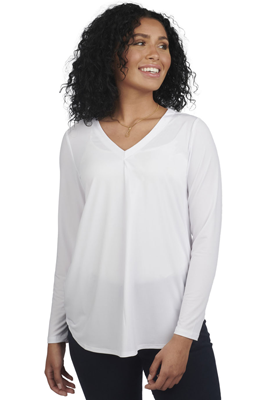 white tunic with V neck, front pleat and long sleeves