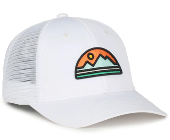 white trucker cap with mountain logo