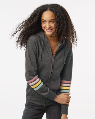girl wearing charcoal gray full-zip hoodie with 4 pastel stripes on the sleeves