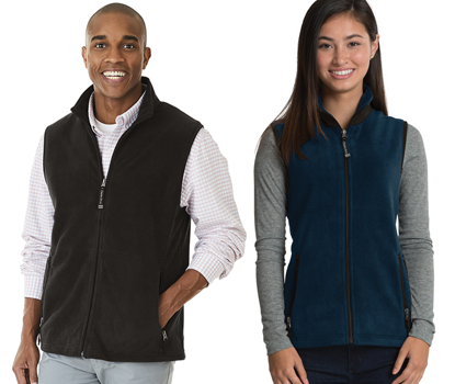 man and woman wearing full-zip fleece vests