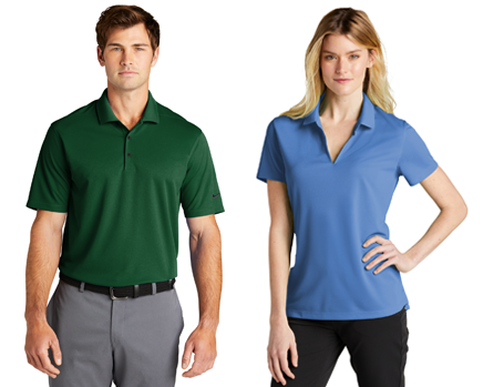 man and woman wearing Nike polos made with recycled polyester