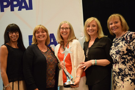 PPAI 2015 Woman of Achievement Award Winner Sherri C. Lennarson, MAS (center) with four former winners: Roni Wright, MAS, The Book Company; Jo-an Lantz, MAS, Geiger; Margie Price, MAS, Premium Promotions; and WOA nominator Maribeth Sandford, CAS, BAG MAKERS, Inc. at the PPAI Women's Leadership Conference in New Orleans, Louisiana, in July.