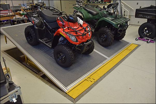 In the testing center’s Outdoor Power Sports Lab, the CPSC uses a tilt table to test ATV parking brakes’ ability to keep the vehicles stationary on a 30-percent grade.