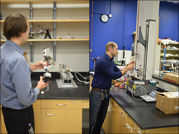 CPSC testing center engineers (left) demonstrate a strain gauge staff created to test cigarette lighters and (right) the tension testing done on toys and other items in the Children’s Product Testing Lab.