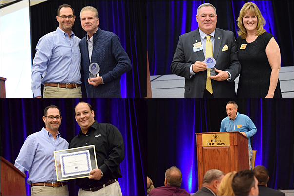 Top Left and Right: 2016 PPAI RAC Volunteers of the Year Ted Dennison, MAS, with RAC Board President Ryan Small, CAS, and George Jackson, with his nominator, TRASA Executive Director Patti Ward, were recognized at a dinner reception Tuesday. Bottom Left: Jonathan Riegel, MAS, SAAGNY’s executive director, was presented with the 2016 Donna Hall Memorial Grant, that same evening. Bottom Right: PPAW's Brett Long shared his association's story during Tuesday night's IGNITE sessions.