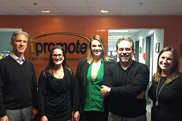 At Wayland, Massachusetts-based iPROMOTEu, Tucker (right) and Baker (left) met with the distributor’s president, Ross Silverstein (second from right), Marketing and Communications Manager Lindsay Cornish (center) and Marketing Coordinator and Event Manager Ashley Perkins to discuss their upcoming meetings at The PPAI Expo 2017 and Expo East 2017, and marketing plans for the year ahead.