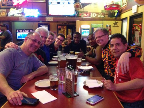 Joe with soccer teammates at dinner.