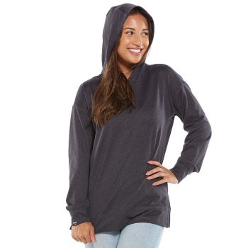 woman in dark gray hoodie with hood up
