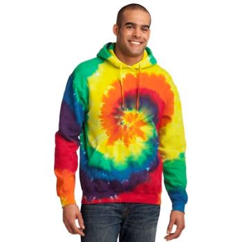 smiling man in rainbow spiral tie-dye hoodie