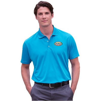 man in aqua blue polo shirt with left chest logo