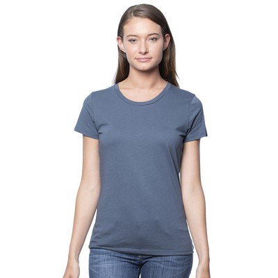 woman wearing cadet blue ladies tee shirt
