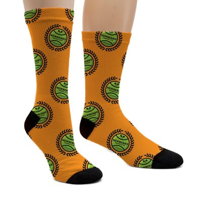custom printed yellow socks with black heels and toes and green tennis ball pattern