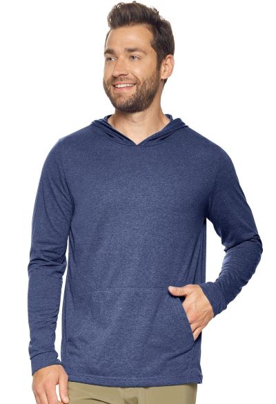smiling man wearing heathered navy blue hoodie