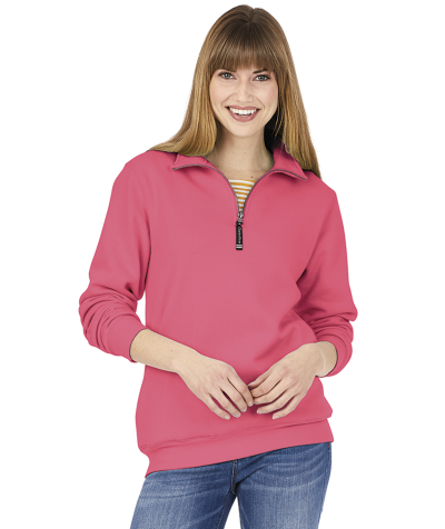 smiling woman wearing medium pink quarter-zip sweatshirt