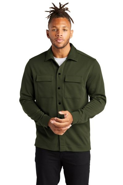 man wearing dark olive green shirt jacket with two chest pockets