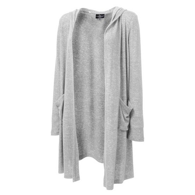 long, light gray cardigan with large square pockets