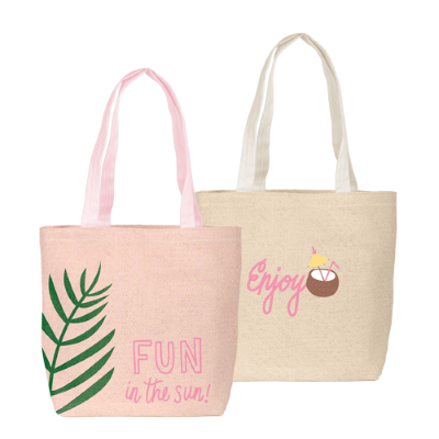 pink straw tote bag and natural tan straw tote bag, both with printed designs