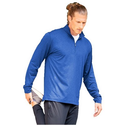 man wearing blue quarter-zip pullover while stretching