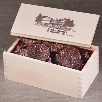 wooden gift box with chocolate-covered potato chips
