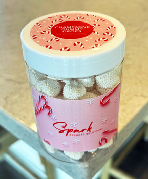 custom labeled jar of champagne gummy drops candy
